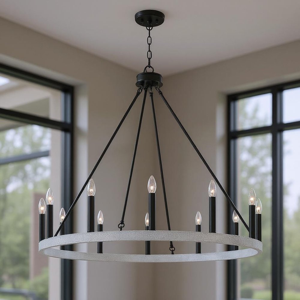 Black And White Candle Style Twelve Light Metal Dimmable Chandelier