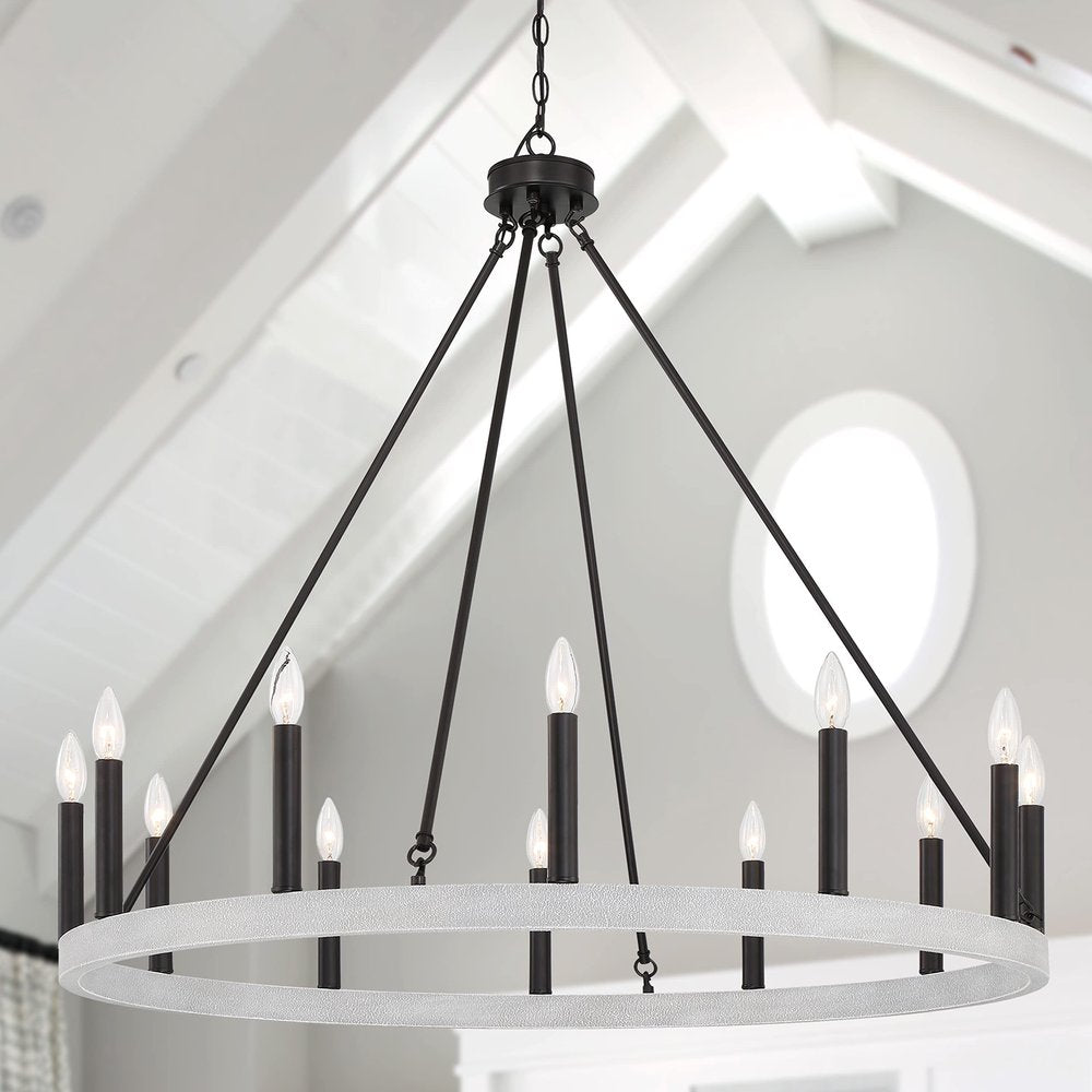 Black And White Candle Style Twelve Light Metal Dimmable Chandelier