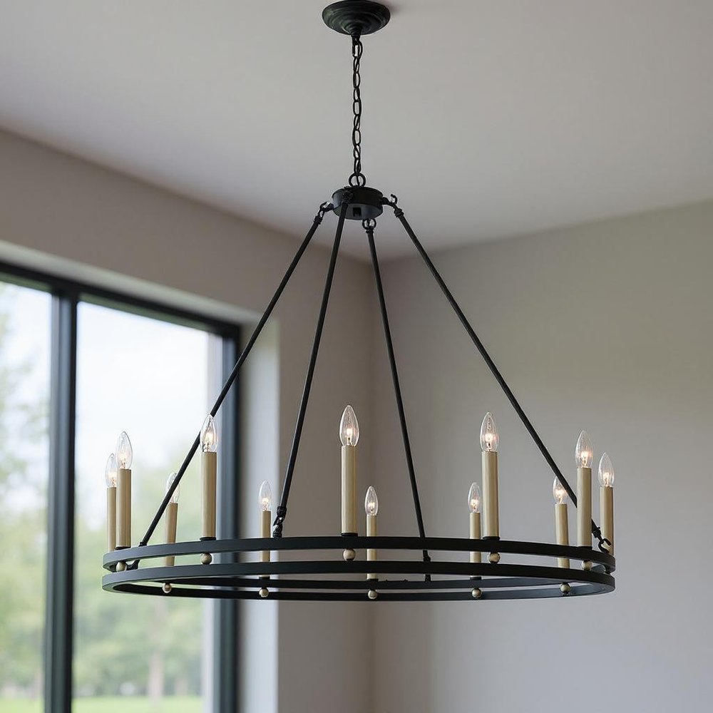Black And Gold Candle Style Twelve Light Metal Dimmable Chandelier