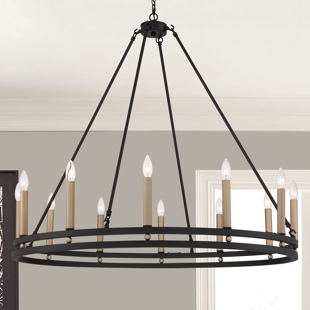 Black And Gold Candle Style Twelve Light Metal Dimmable Chandelier