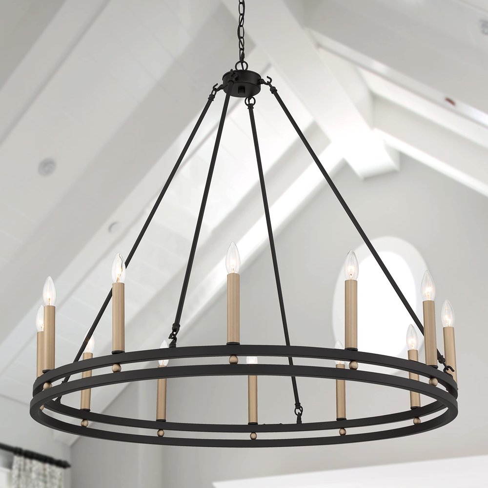 Black And Gold Candle Style Twelve Light Metal Dimmable Chandelier