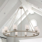 Silver Shaded Ten Light Metal Dimmable Chandelier With White Shades