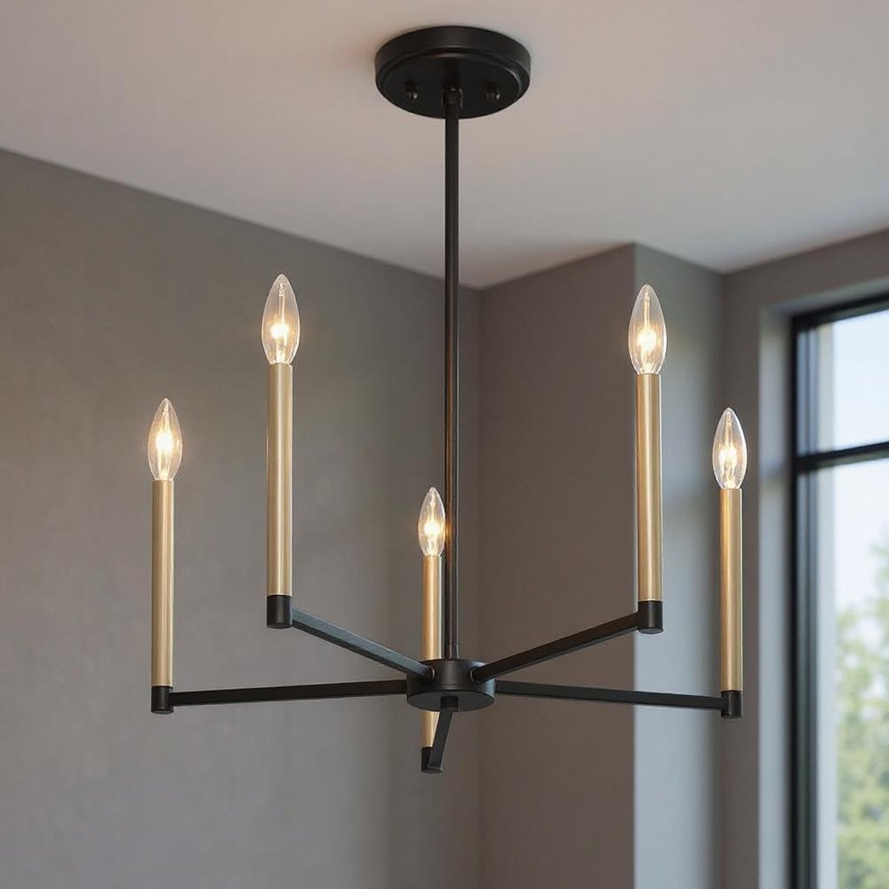 Black And Gold Candle Style Five Light Metal Dimmable Chandelier