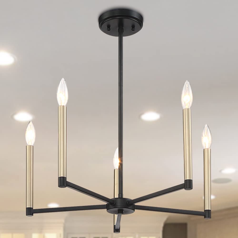 Black And Gold Candle Style Five Light Metal Dimmable Chandelier