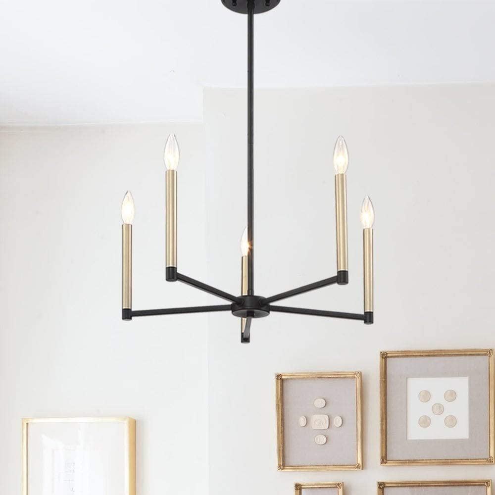 Black And Gold Candle Style Five Light Metal Dimmable Chandelier