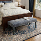 47" Blue And Cream Abstract Design Blue Leg Upholstered Bench