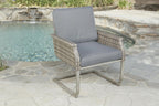 Five Piece Gray and Moss Green Wicker Upholstered Cushions Outdoor Patio Set With Fire Pit And Table