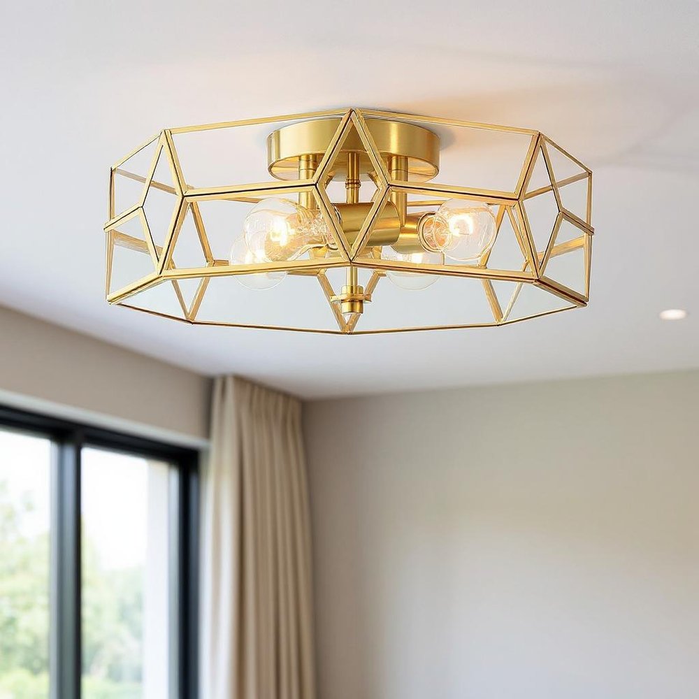 Brass Unique Statement Four Light Metal Dimmable Flush Chandelier With Clear Shades