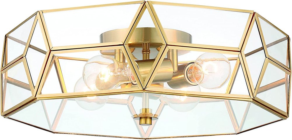 Brass Unique Statement Four Light Metal Dimmable Flush Chandelier With Clear Shades