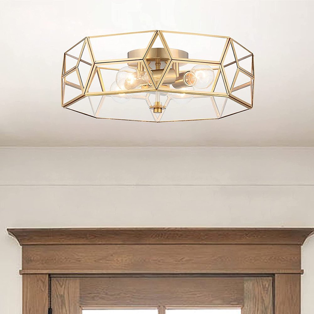 Brass Unique Statement Four Light Metal Dimmable Flush Chandelier With Clear Shades