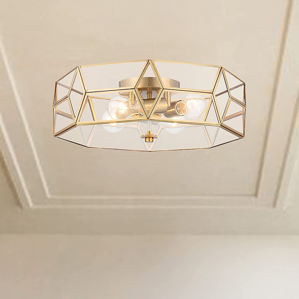 Brass Unique Statement Four Light Metal Dimmable Flush Chandelier With Clear Shades