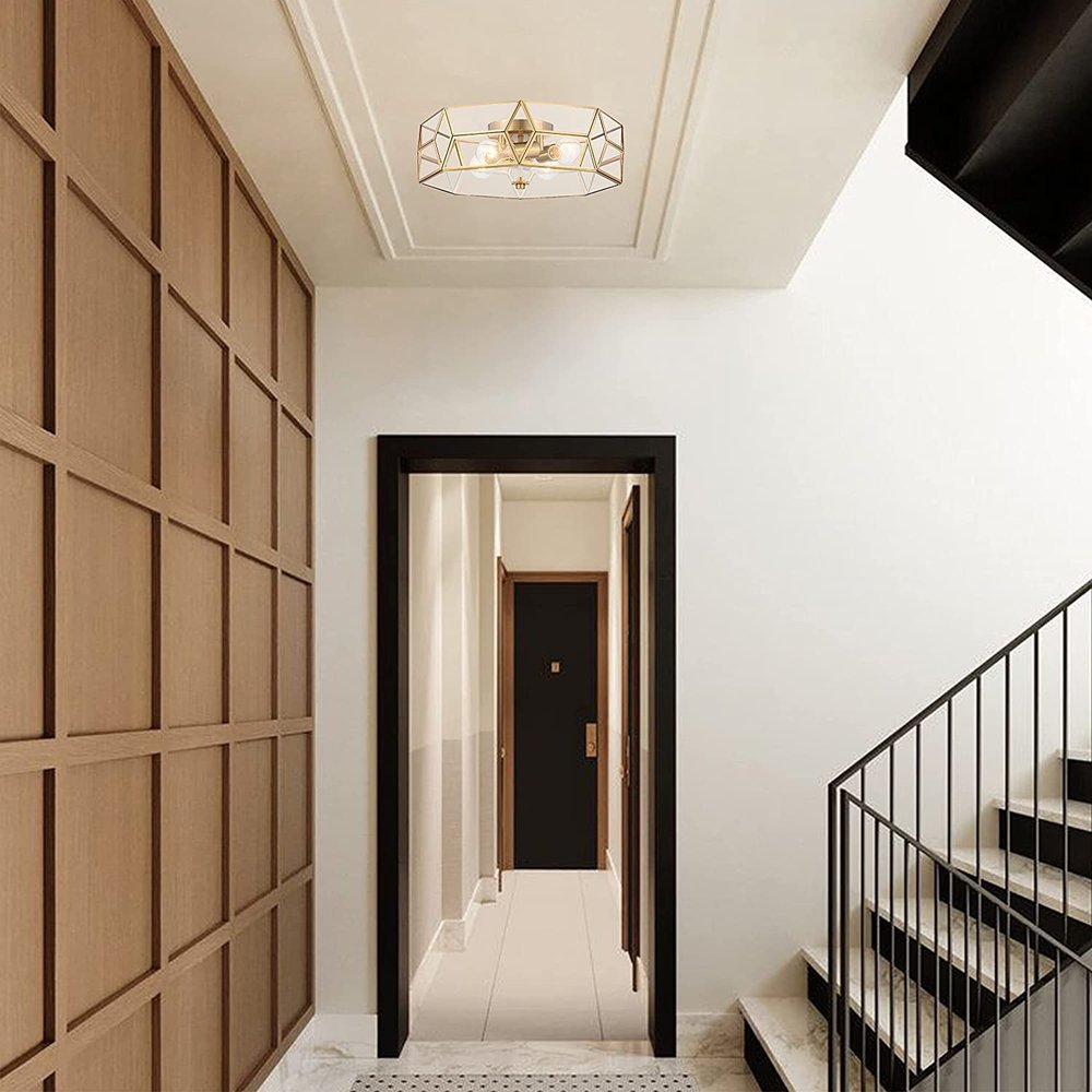 Brass Unique Statement Four Light Metal Dimmable Flush Chandelier With Clear Shades