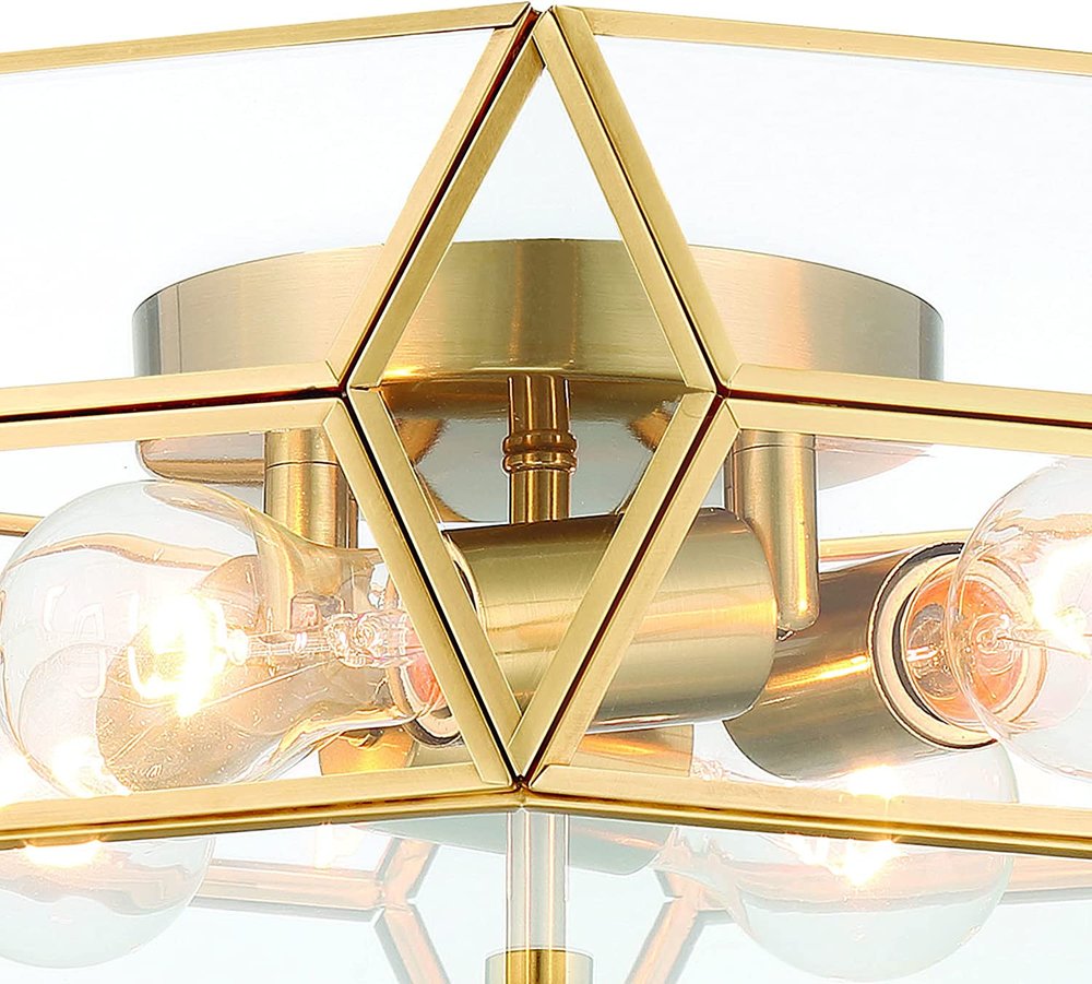 Brass Unique Statement Four Light Metal Dimmable Flush Chandelier With Clear Shades