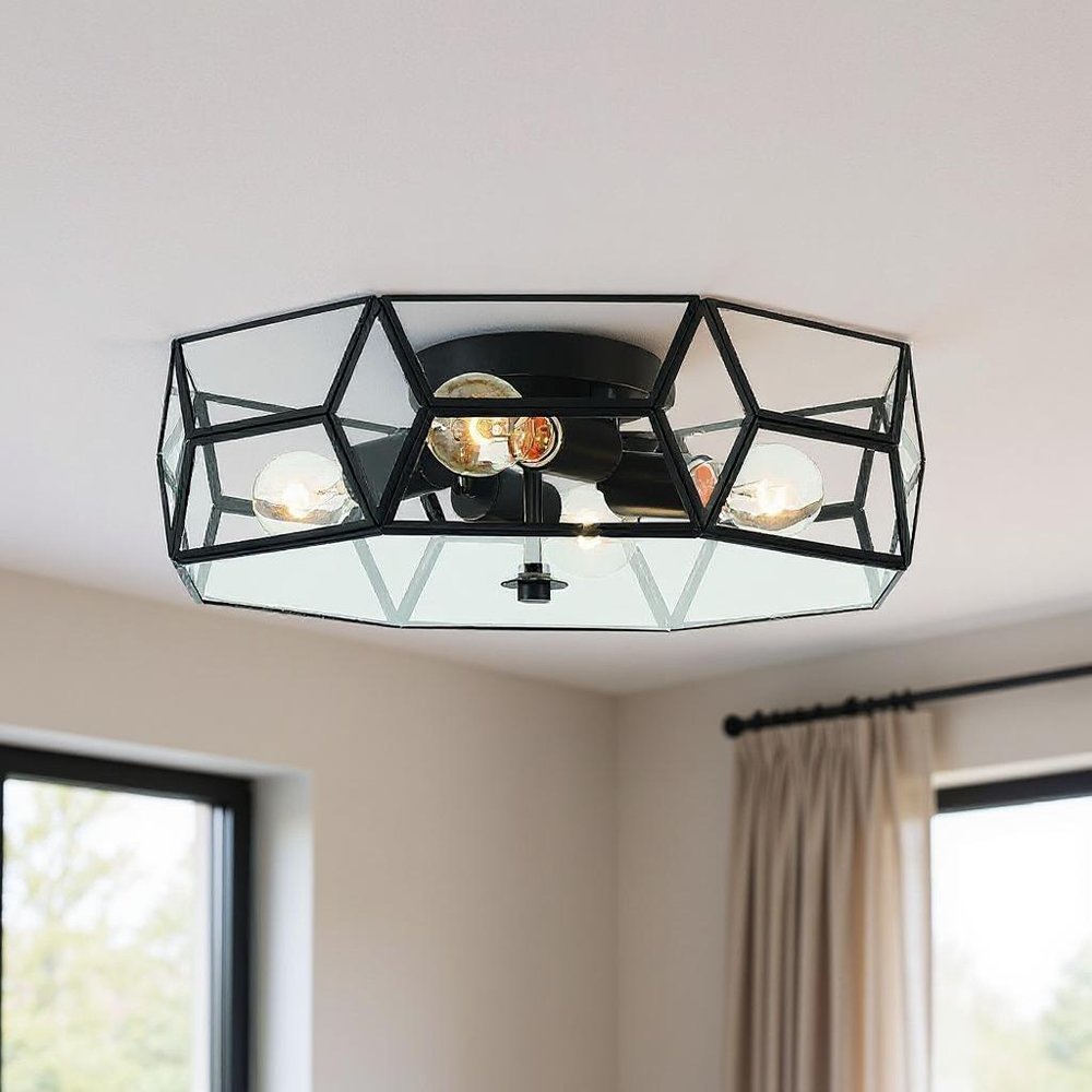 Black Unique Statement Four Light Metal Dimmable Flush Chandelier With Clear Shades