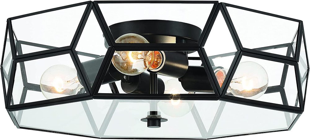Black Unique Statement Four Light Metal Dimmable Flush Chandelier With Clear Shades