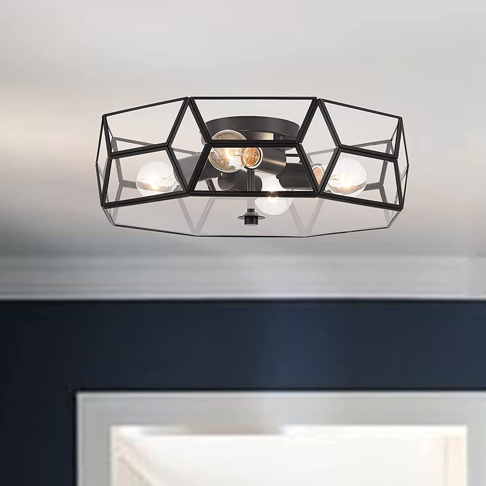 Black Unique Statement Four Light Metal Dimmable Flush Chandelier With Clear Shades