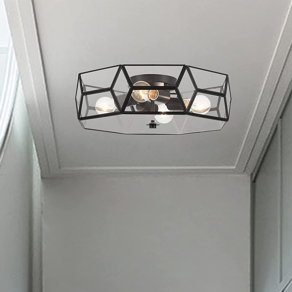 Black Unique Statement Four Light Metal Dimmable Flush Chandelier With Clear Shades