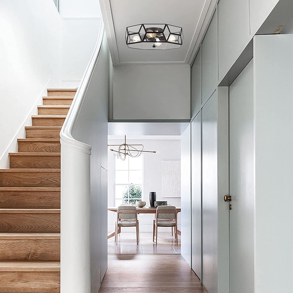 Black Unique Statement Four Light Metal Dimmable Flush Chandelier With Clear Shades