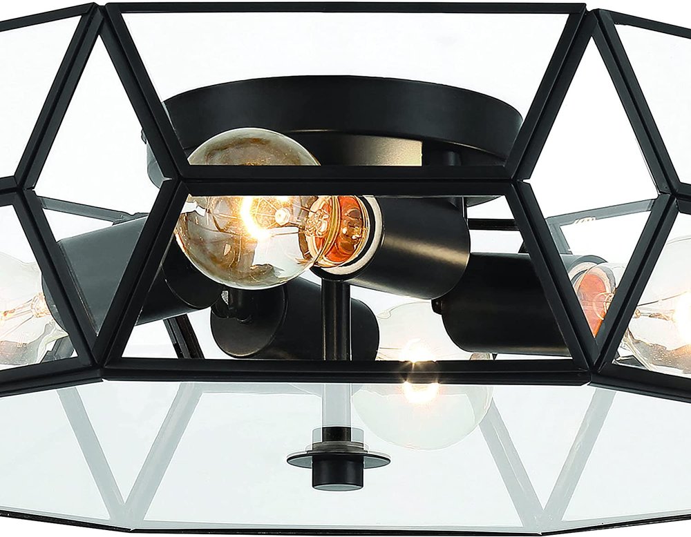 Black Unique Statement Four Light Metal Dimmable Flush Chandelier With Clear Shades