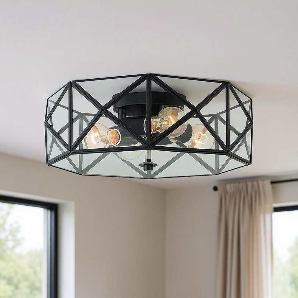 Black Unique Statement Four Light Metal Dimmable Flush Chandelier With Clear Shades
