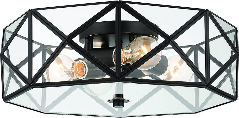 Black Unique Statement Four Light Metal Dimmable Flush Chandelier With Clear Shades