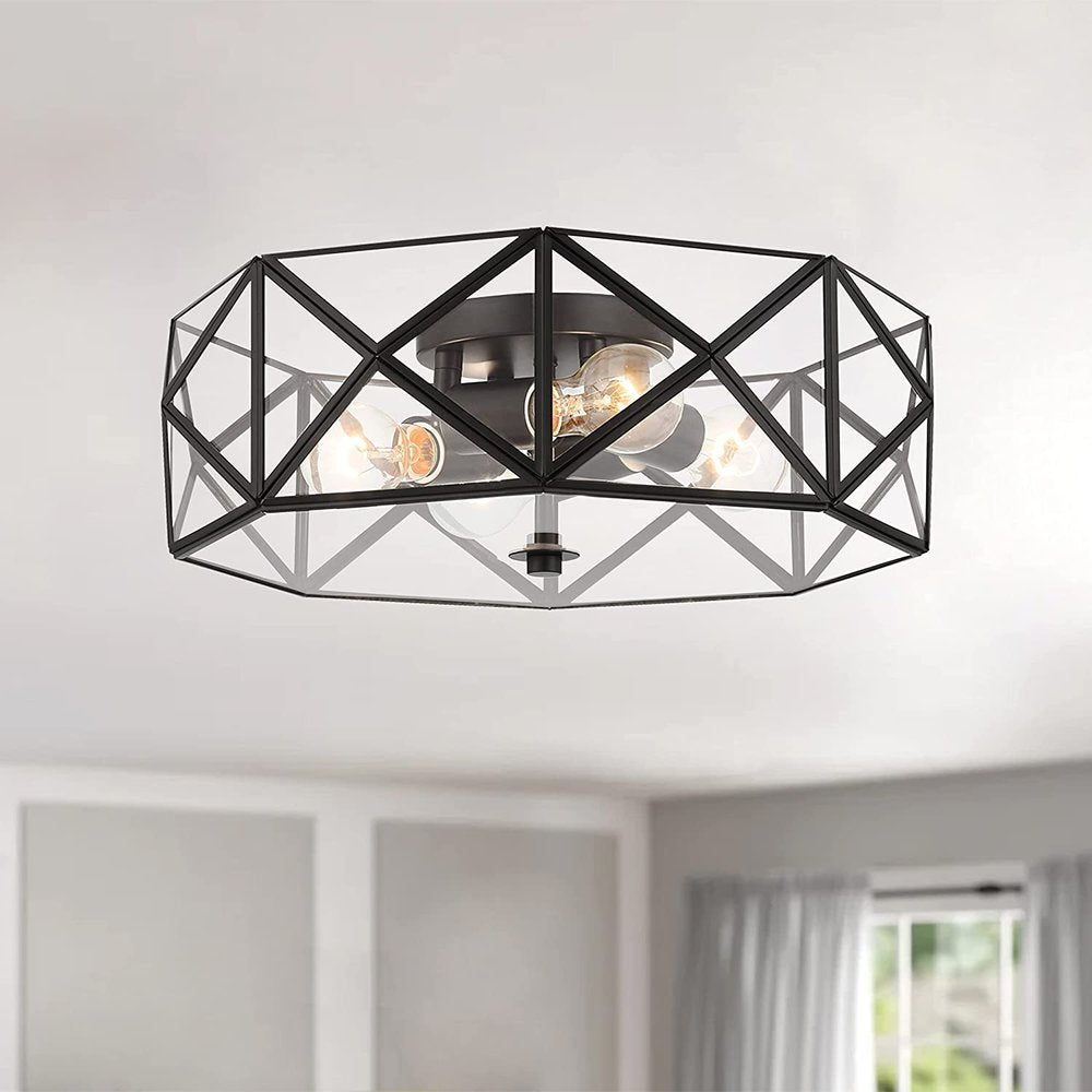 Black Unique Statement Four Light Metal Dimmable Flush Chandelier With Clear Shades