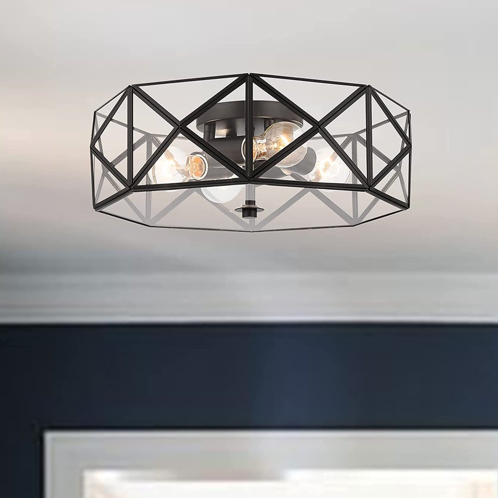 Black Unique Statement Four Light Metal Dimmable Flush Chandelier With Clear Shades