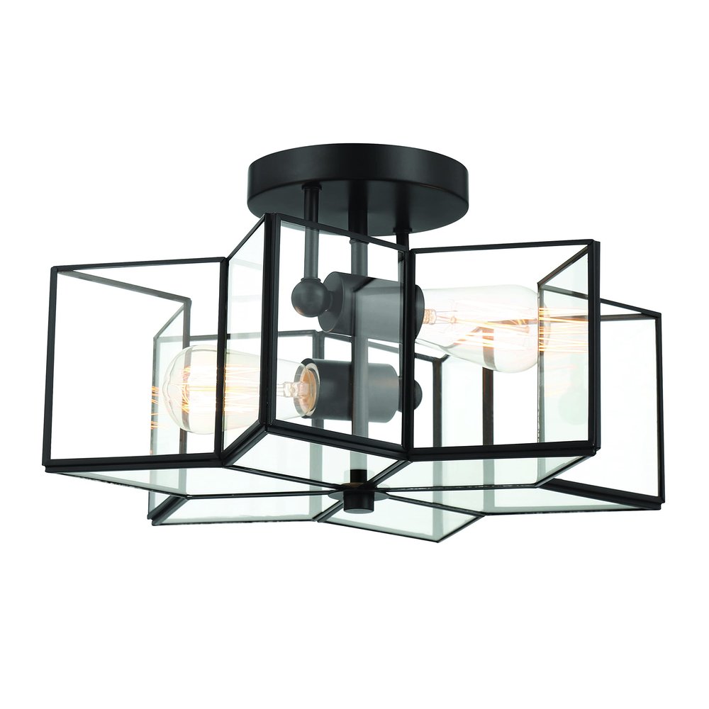 Black Unique Statement Two Light Metal Dimmable Flush Chandelier With Clear Shades
