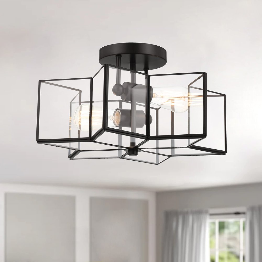 Black Unique Statement Two Light Metal Dimmable Flush Chandelier With Clear Shades