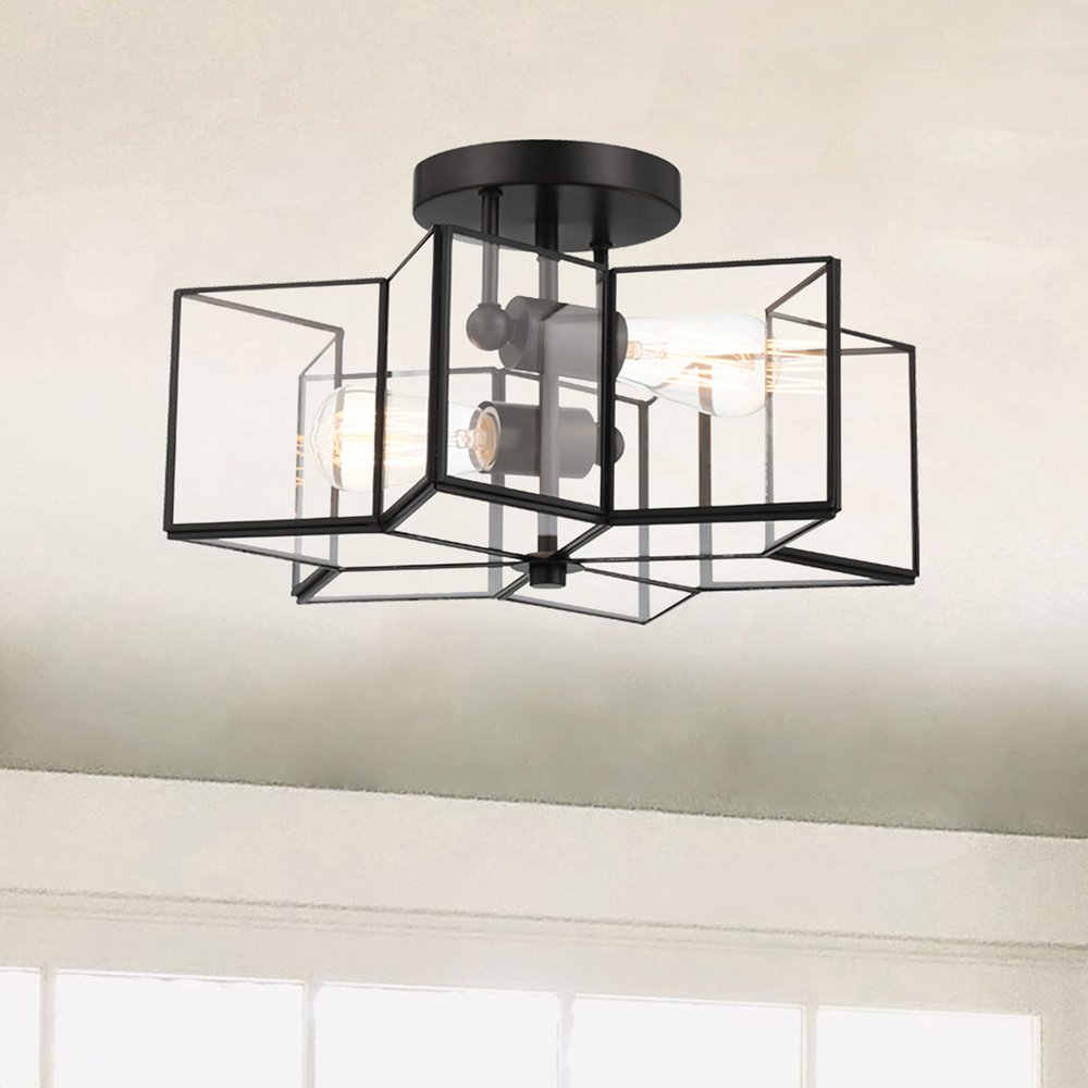 Black Unique Statement Two Light Metal Dimmable Flush Chandelier With Clear Shades