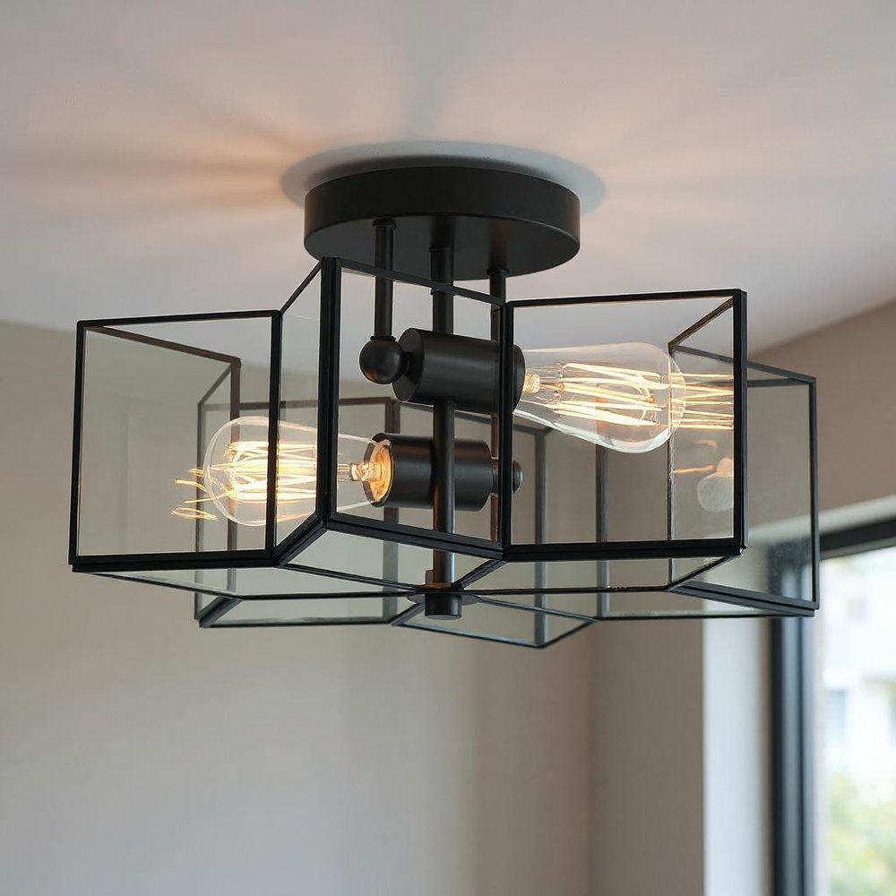 Black Unique Statement Two Light Metal Dimmable Flush Chandelier With Clear Shades