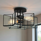 Black Unique Statement Two Light Metal Dimmable Flush Chandelier With Clear Shades