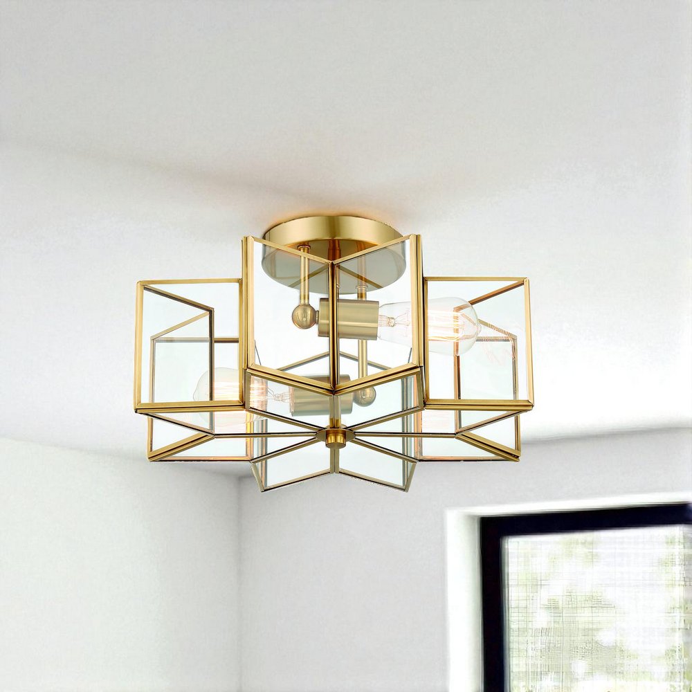 Brass Unique Statement Two Light Metal Dimmable Flush Chandelier With Clear Shades