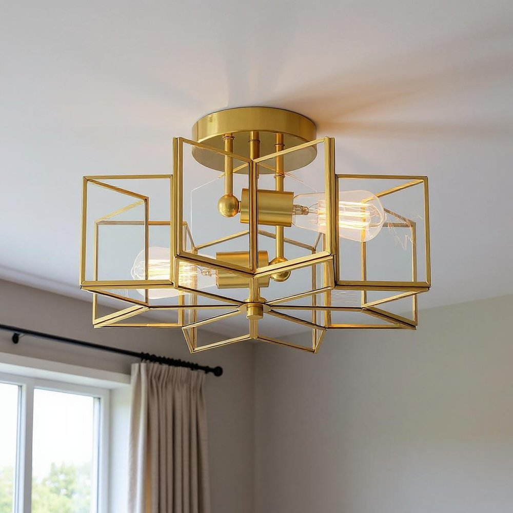 Brass Unique Statement Two Light Metal Dimmable Flush Chandelier With Clear Shades