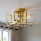 Brass Unique Statement Two Light Metal Dimmable Flush Chandelier With Clear Shades