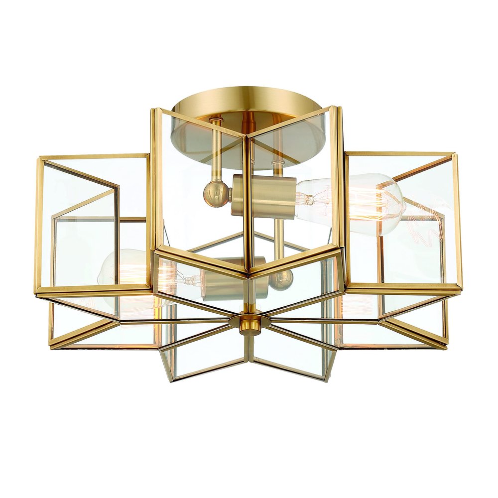 Brass Unique Statement Two Light Metal Dimmable Flush Chandelier With Clear Shades