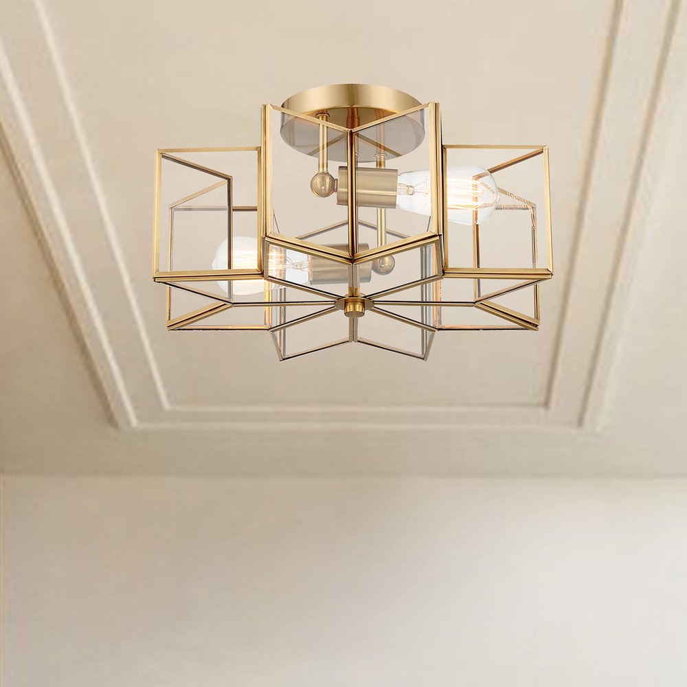 Brass Unique Statement Two Light Metal Dimmable Flush Chandelier With Clear Shades
