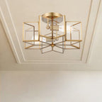 Brass Unique Statement Two Light Metal Dimmable Flush Chandelier With Clear Shades