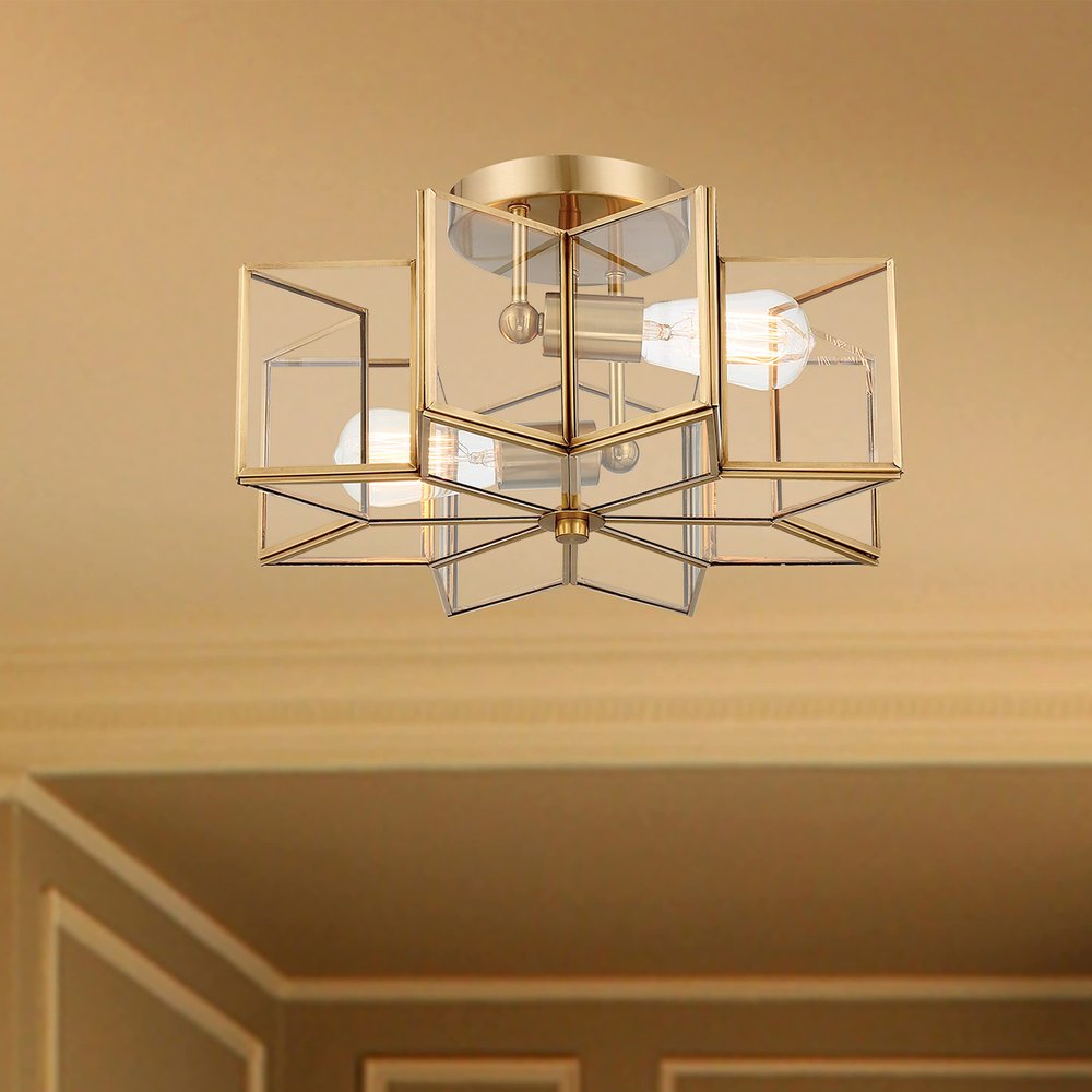 Brass Unique Statement Two Light Metal Dimmable Flush Chandelier With Clear Shades