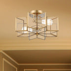 Brass Unique Statement Two Light Metal Dimmable Flush Chandelier With Clear Shades