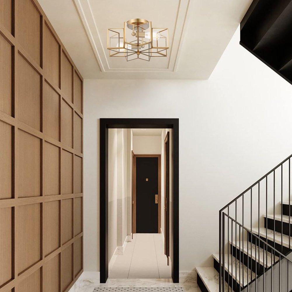 Brass Unique Statement Two Light Metal Dimmable Flush Chandelier With Clear Shades