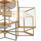 Brass Unique Statement Two Light Metal Dimmable Flush Chandelier With Clear Shades