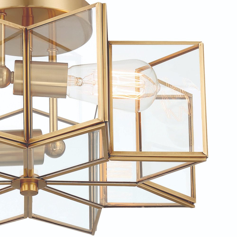 Brass Unique Statement Two Light Metal Dimmable Flush Chandelier With Clear Shades