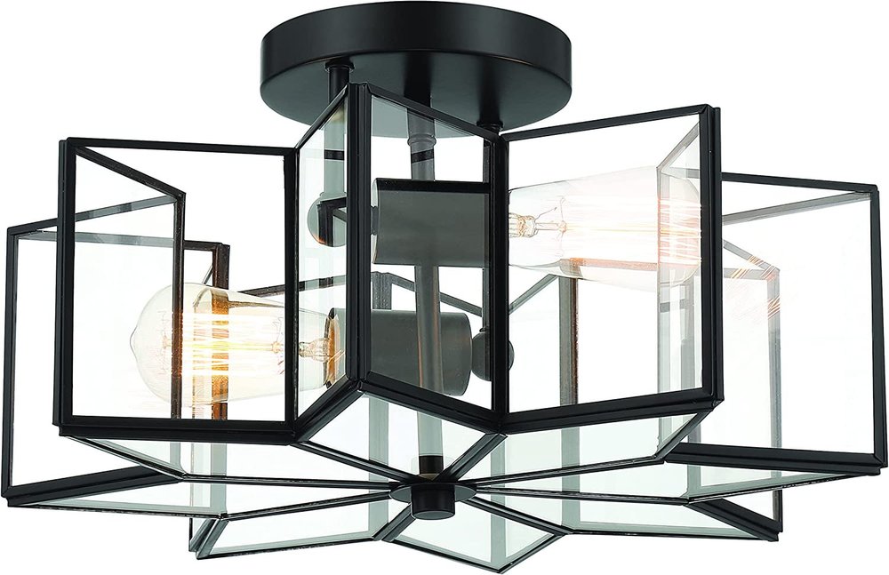 Black Unique Statement Two Light Metal Dimmable Flush Chandelier With Clear Shades