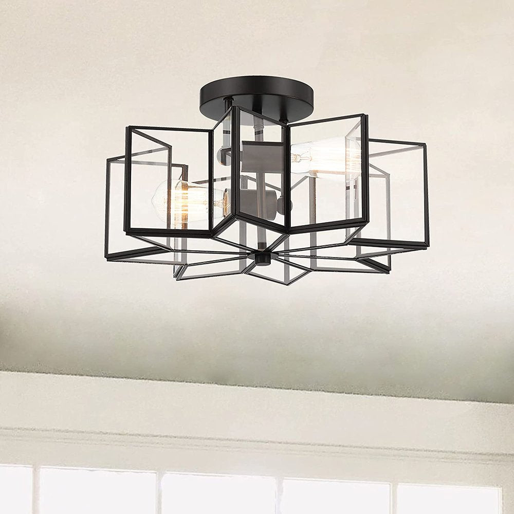 Black Unique Statement Two Light Metal Dimmable Flush Chandelier With Clear Shades