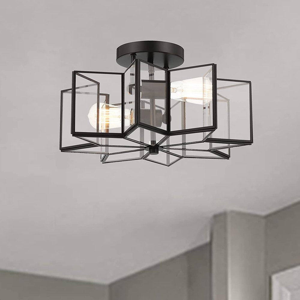 Black Unique Statement Two Light Metal Dimmable Flush Chandelier With Clear Shades