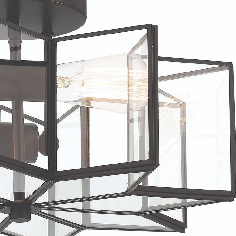Black Unique Statement Two Light Metal Dimmable Flush Chandelier With Clear Shades