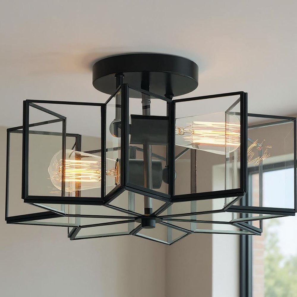 Black Unique Statement Two Light Metal Dimmable Flush Chandelier With Clear Shades