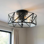 Black Unique Statement Four Light Metal Dimmable Flush Chandelier With Clear Shades
