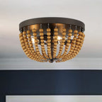Brown And Black Wood Bead Three Light Flush Mount Ceiling Light